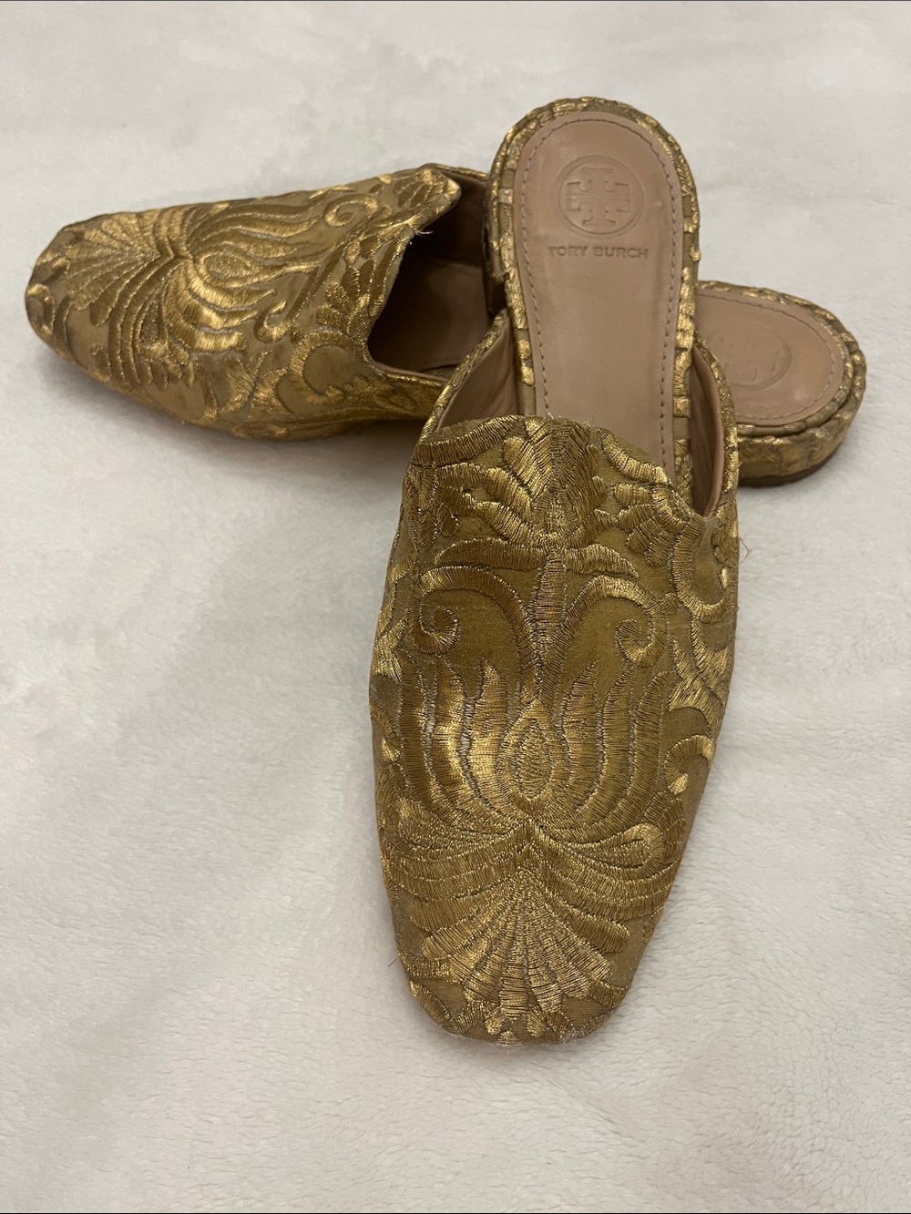 Tory Burch Metallic Gold Embroidered Slip-On Mules - Picture 8 of 11